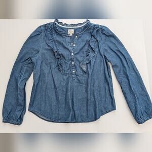 J. Crew Ruffle Bib Long Sleeve Denim Shirt Women's Size M Medium Blue